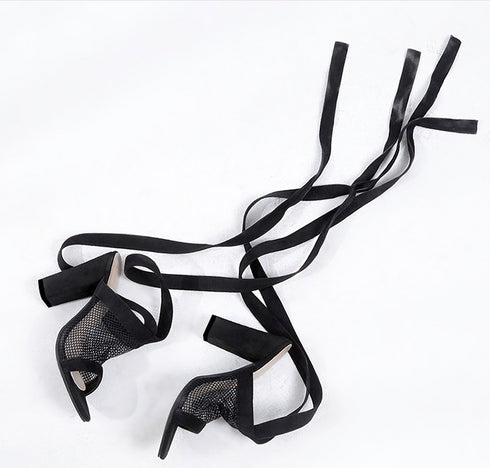 Women Sandals Bandage Flock Cross Strap Lace Up High Heels Sandal - ROUTINE FASHION